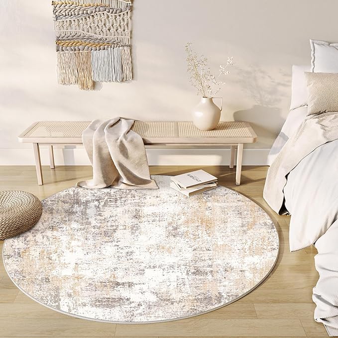 6x6 Washable Round Rug Beige Grey Abstract Living Room Bedroom Area Rug Neutral Modern Non Slip Soft Low Pile Indoor Carpet for Dining Room Office Entryway