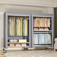 FUTASSI White Clothing Rack with Grey Cover, P1C Plus Rolling Closets with Wheels, Metal Garment Rack for Hanging Clothes, Clothing Storage Wardrobe, 46