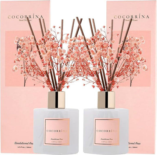 Cocorrína Premium Reed Diffuser Set with Preserved Baby's Breath & Cotton Stick Sandalwood Rose 2 Packs, 6.7oz Scent Fragrance Oil Diffuser for Bedroom Bathroom Home Décor