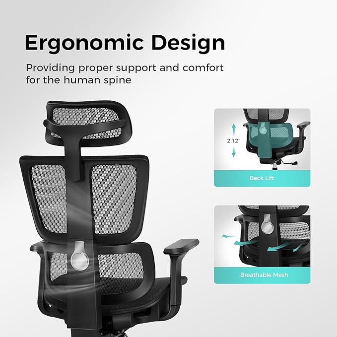 ALPHA HOME Ergonomic Office Chair with footrest, High-Back Mesh Computer Chair with Lumbar Support, Adjustable Height&Headrest&Flip-up Armrest, 360° Swivel Wheels, SGS Certified