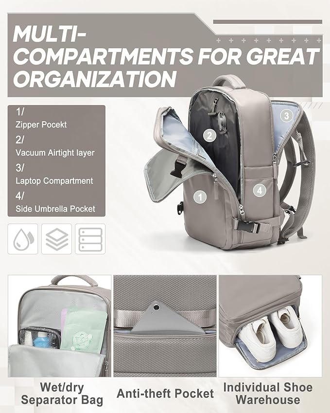 suwasp Vacuum Compression Backpack, 40L Expandable Travel Backpack with Electric Vacpack Pump, Travel Vacuum Bags with Shoe Compartment/15.6inch Laptop Compartment/USB Port, Brown