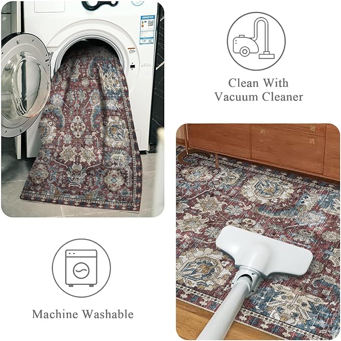 RUGSURE Washable Area Rugs - Perfect for Living Room, Bedroom, Kids Room, Nursery - Stain & Water Resistant Non-Slip, Pet & Child Friendly, Vintage Tribal Area Rugs (Burgundy and Blue, 3' x 5 ')