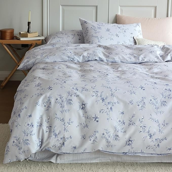 HighBuy Vintage Blue Floral Duvet Cover Queen Premium Cotton Flower Bedding Comforter Cover Boho Floral Girls Bedding Set Queen Garden Style Cottagecore Duvet Cover with Zipper Closure Corner Ties