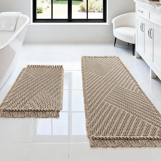 H.VERSAILTEX Waffle Bath Mat Super Absorbent Boho Bath Mat Non Slip Bath Rugs for Bathroom Floor Machine Washable Dry Fast Bathroom Rugs with Tassels (47 x 17 Plus 17 x 24 Inches, Irish Cream)