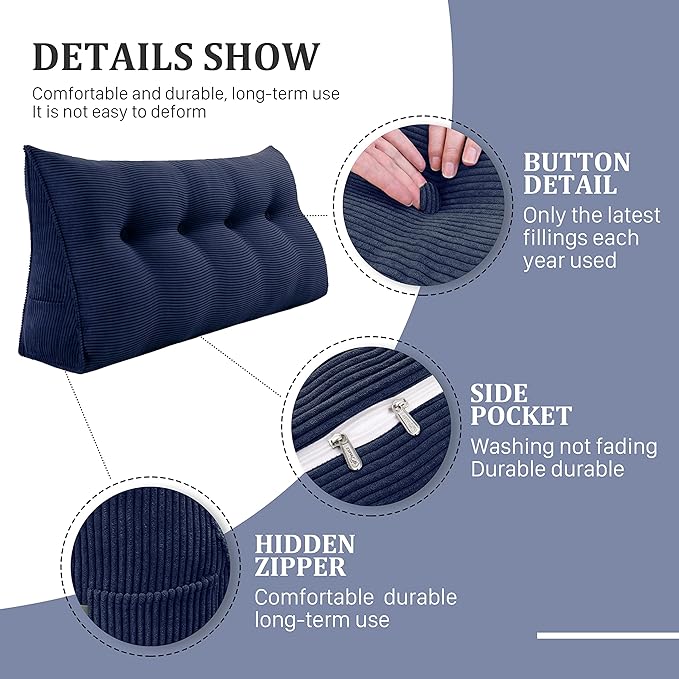 10 lbs Thickened Wedge Pillow Headboard Body Positioner Triangular Reading Pillow Bed Bolster Pillow for Sitting in Bedwith Removable Cover Gift for Mom Backrest Cordury Blue Full