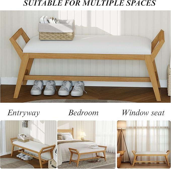 51" End of Bed Bench, Entryway Bench with Solid Wood Frame Fabric Upholstered Ottoman Bench for Entry/Bedroom/Hallway/Living Room,Chenille White