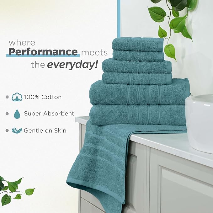Martex 6-Piece Towel Set – Ultimate Performance – 100% Cotton – 2 Bath Towels – 2 Hand Towels – 2 Wash Cloths – Versatile – Low-Linting – Supersoft & Absorbent Bathroom Set – Easy Care – Larkspur Teal