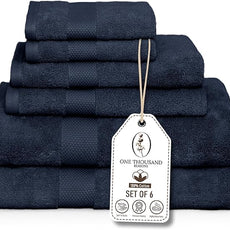 Premium Staple Cotton Bathroom Towel Set - Navy 600 GSM 6-Piece Luxury Bath Towel Set 1 Stripe - 2 Bath Towels, 2 Hand Towels & 2 Washclothes Set - High Absorbent & Quick Dry for Gym, Spa, Hotel