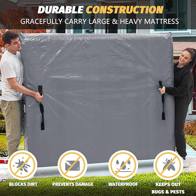 Mattress Bags for Moving and Storage, BETU Queen Mattress Protector Waterproof Mattress Cover with 8 Heavy Duty Handles and Zipper Extra Thick Moving Supplies for Bed Reusable (82x62x13.5 Grey)