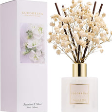 COCORRÍNA Reed Diffuser - Jasmine & Mint 6.7 Fl.oz Reed Diffuser Set with Sticks & Preserved Baby's Breath, Reed Diffuser for Home Bathroom Shelf Decor