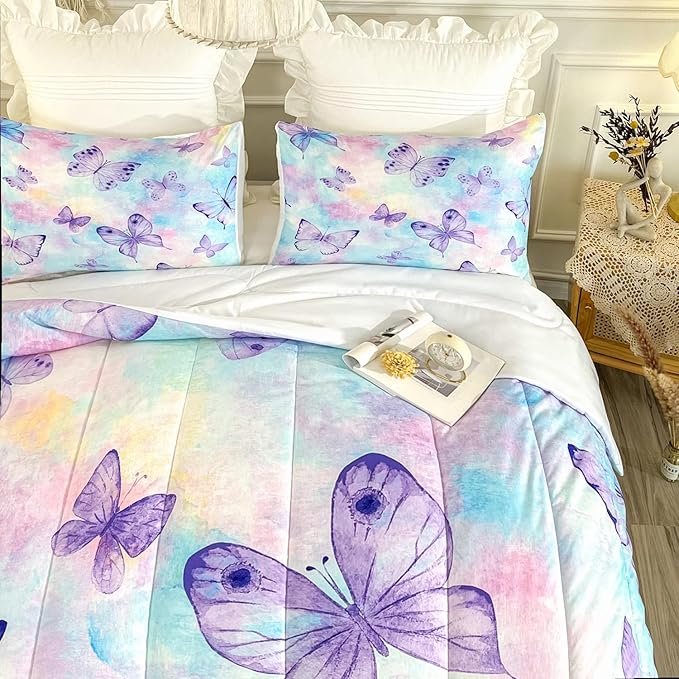 CVHOUSE Butterfly Queen Comforter Set for Girls Teens - 3 Pcs 1 Comforter and 2 Pillowcases with Butterfly Bedspread, Duvet and Quilt