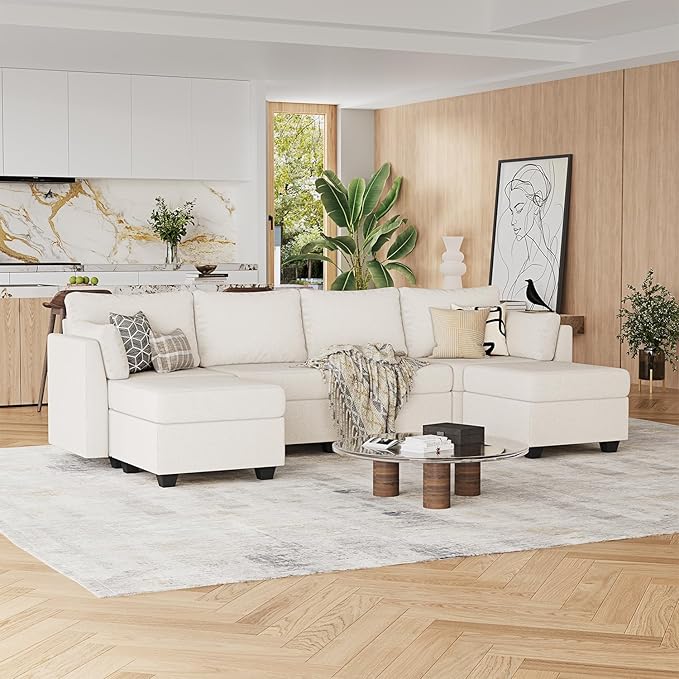 114.17" Modular Sectional Sofa, 6 Seat Modular Couch with Storage, Memory Foam, Convertible Sectional Couches for Living Room, U Shaped Comfy Modular Sofa with Chaise, Beige