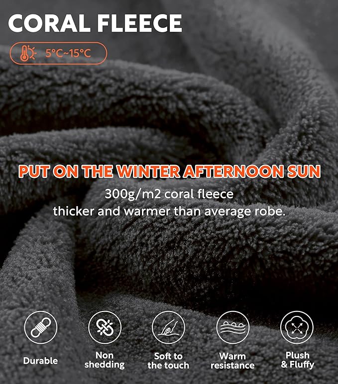 DAVID ARCHY Men's Hooded Robe Soft Coral Fleece Microfiber Bathrobe