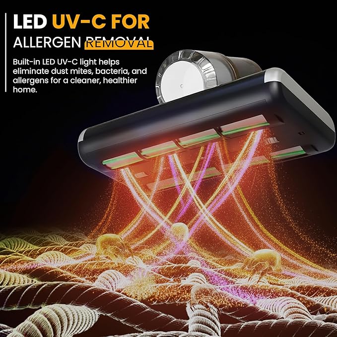 Mattress Vacuum BED CLEANER with UV-C LIGHT, 14kPa Suction, DUAL FILTERS & Dual Rollers, Furniture Handheld Vacuum Cleaner Dust Sensor, CORDED HANDHELD VACUUM for SOFA, Fabric & PET HAIR