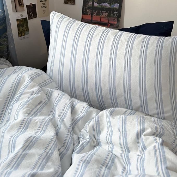 VM VOUGEMARKET Striped Duvet Cover Set 100% Washed Cotton Linen Like Textured Breathable Durable Comfy Modern Bedding Set for Boys Men (Demin Blue&White Stripes, Queen 90"x90")