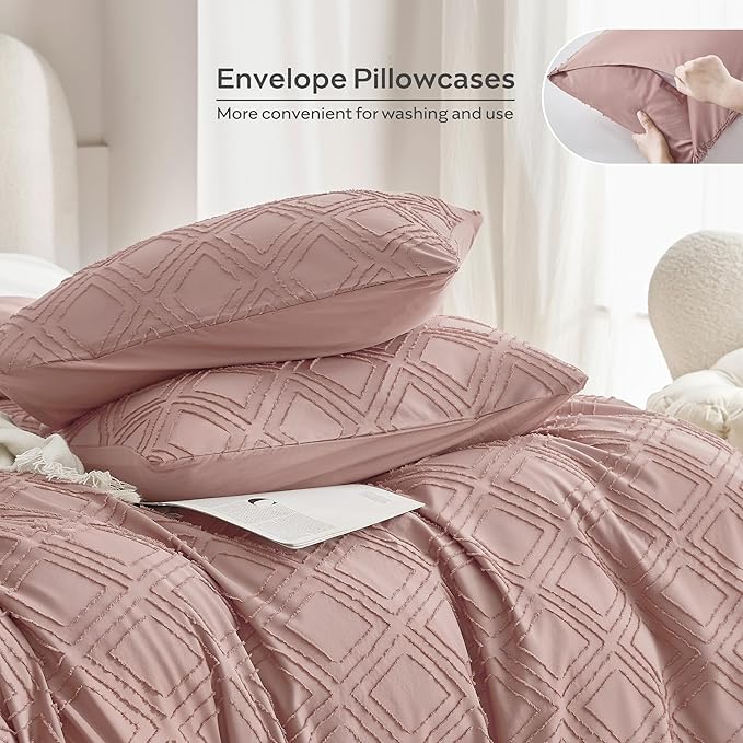 JELLYMONI Duvet Cover King Size Smokey Pink - 3PCS Boho Duvet Cover Set Plaid Polyester Tufted Bohemian Jacquard Knit Textured Comforter Cover 104×90in Rhombic Geometric Pattern Zipper Corner Tie