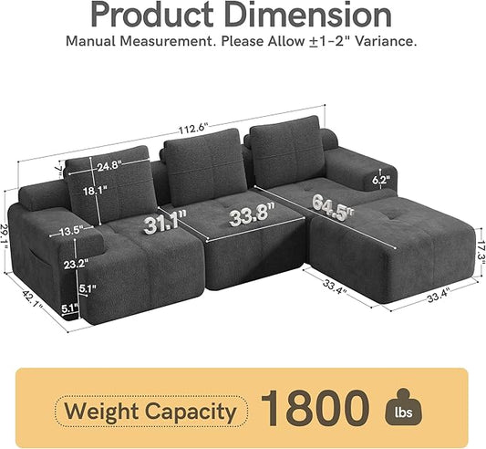 Boneless Couches for Living Room L Shaped Couch Modular Sectional Sofa 112'' Comfy Deep Seat No Assembly Couch Grey Modern 3 Seater Chenille Boneless Sofa with Ottoman for Bedroom Apartment