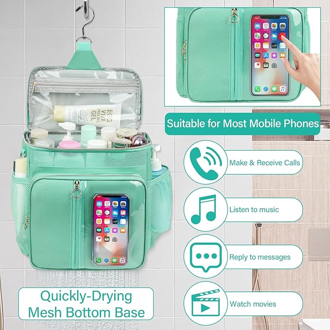 Portable Shower Caddy Bag College, Quickly Dry Toiletry Mesh Tote Bag for Dorm Room Essentials, Hanging Bathroom Organizer for Travel, Gym, Camping (Mint Green)