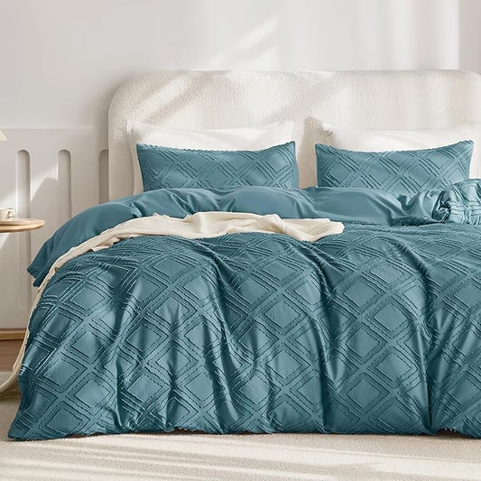JELLYMONI Duvet Cover Twin Size Grayish Blue - 3PCS Boho Duvet Cover Set Plaid Polyester Tufted Bohemian Jacquard Knit Textured Comforter Cover 68×90in Rhombic Geometric Pattern Corner Ties & Zipper