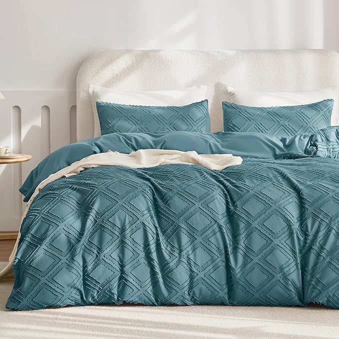 JELLYMONI Duvet Cover Queen Size Grayish Blue - 3PCS Boho Duvet Cover Set Plaid Polyester Tufted Bohemian Jacquard Knit Textured Comforter Cover 90×90in Rhombic Geometric Pattern Zipper Corner Tie