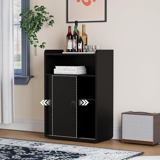 Adjustable Storage Cabinet with Sliding Doors, Multi-Functional Organizer with 2-Tier Shelves (Black)