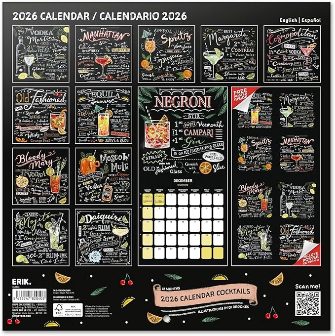 Cocktails Wall Calendar 2026 12" x 12" FSC® Plastic Free - Starts Week On Sunday | Family Planner Calendar 2026