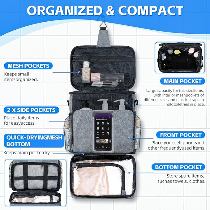 Grey Portable Mesh Shower Organizer – Hanging Toiletry Bag with Handles & Strap, Quick-Dry for Bathroom, Gym, Travel, Camping & College Dorms