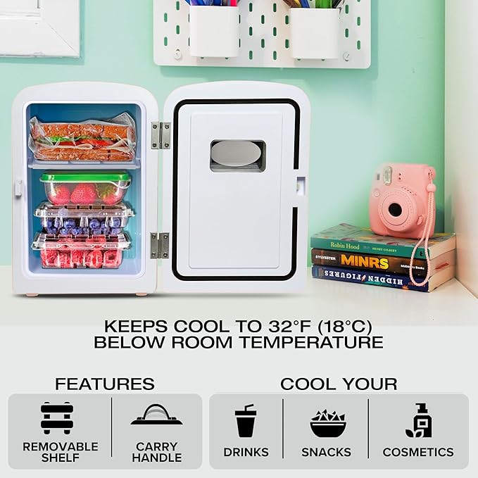 Koolatron Mini Fridge - Refrigerator for Bedroom, Office, Portable Table Top Beverage Cooler, 12V 110V Refrigerador for Drinks, Soda, Wine, Use in Car, Dorm, Outdoor, Patio, 6 Can