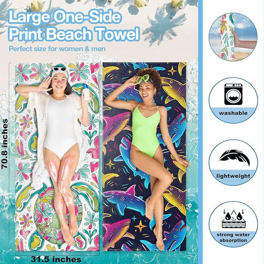 2 Pack Shark Sea Turtle Boho Floral Turtle Beach Towel Microfiber Lightweight Quick Dry Oversized Swim Towels Beach Accessories Cruise Vacation Necessities for Pool Camping Travel 32x71 inch