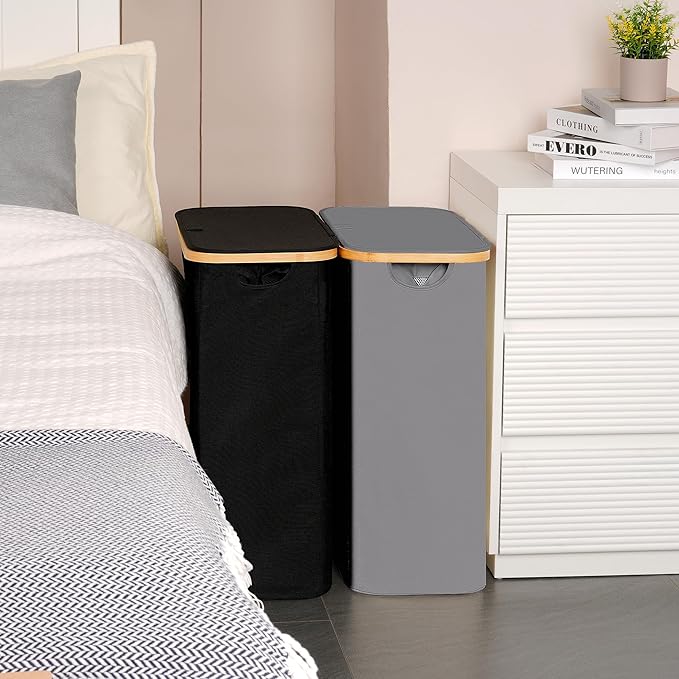 efluky Slim Laundry Basket with Lid, Narrow Laundry Hamper with Removable Bag, Skinny Dirty Clothes Basket with Bamboo Handles for Bathroom, Bedroom & Laundry Room, 65L Grey
