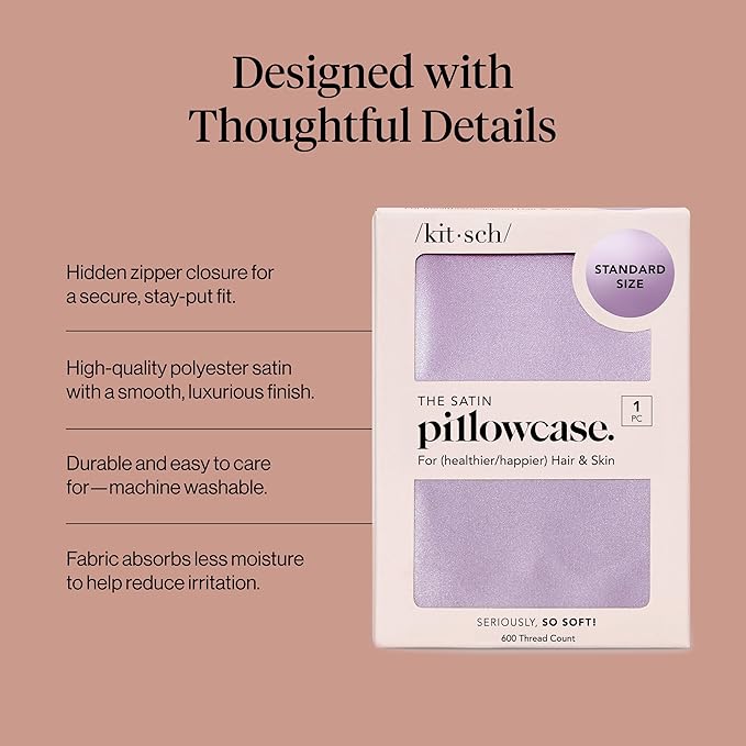 Kitsch Satin Pillowcase with Zipper for Hair & Skin, Softer Than Silk Pillow Cases Queen, Wrinkle-Free, Smooth and Cooling Satin Pillow Covers, Standard Size 19"x26" - Lavender