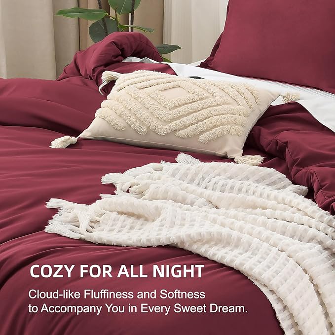Litanika Comforter Set, Lightweight Solid Bedding Comforter Set, Fluffy Down Alternative Bed Set, Burgundy, Full