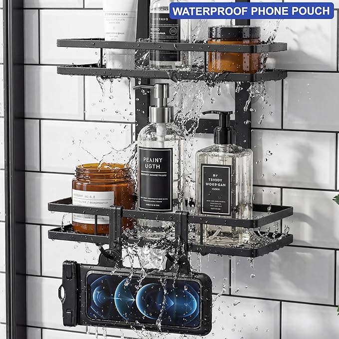 Over the Door Shower Caddy Hanging, Rustproof Shower Shelves with Waterproof Phone Pouch, 3-Tier Adjustable Bathroom Organizers and Storage, No Drilling Shower Shelf, Black Shampoo Soap Holder