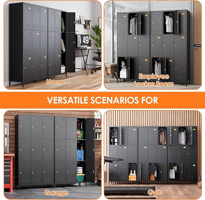 Aobabo 9 Doors Metal Storage Locker for Employees, Metal Locker with 27 Hooks for School Office Gym Garage, Black, Assembly Required