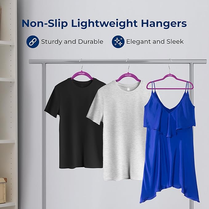 SereneLife 30 Pack Velvet Hangers – Non-Slip Clothes Hangers with Heavy Duty Design, Slim Space-Saving Coat Hangers with 360° Swivel Hook, Strong Lightweight Closet Organizer Set for Clothes (Purple)