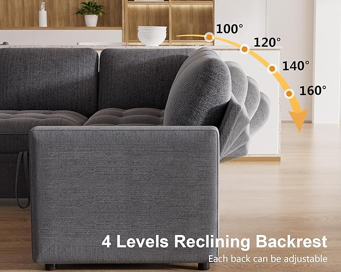 WEUP 5 Seat L Shaped Sectional Sleeper Sofa Bed with Pull Out Bed, Chenille Sectional Sleeper Couch with Adjustable Backrest, USB Ports & Storage Seat, Tool-Free Assembly, Chenille Dark Grey