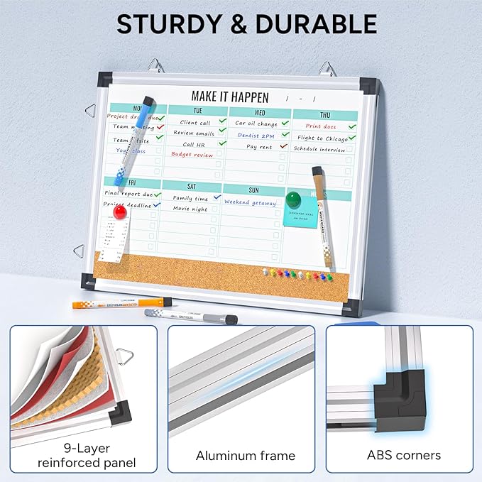 Weekly Calendar Whiteboard and Cork Board Combo for Wall, 17"x13" Reversible Hanging Dry Erase Board, Double Sided White Board with Aluminum Frame for Planning, Office, Kitchen, School, Home