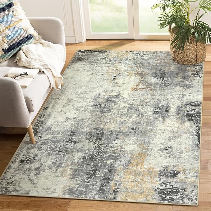 Lahome Modern Abstract Area Rug - 3x5 Gray Washable Entry Rug, Soft Non-Slip Contemporary Nursery Mat Indoor Throw Kitchen Carpet for Living Dining Bedroom Chair Decor