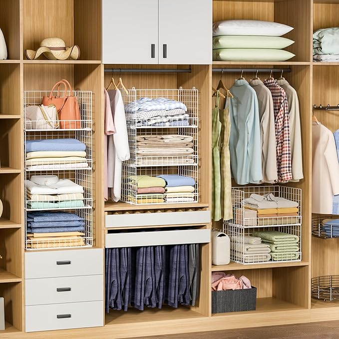 6-Tier Stackable Closet Organizers and Storage Shelves, Closet Shelf Organizer Basket Bins, Foldable Sweater Storage for Clothes Organizer System, White（Patent Pending）