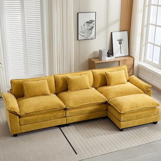 120" Modular Sectional Sofa, Comfy Cloud Couch Sectional Sofa with Ottoman, Chenille Sofa Sleeper Deep Seat Sofa with Throw Pillows for Living Room (Yellow, 120"- L Shape)