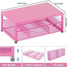 OPNICE Desk Organizer and Accessories, 2-Tier Computer Monitor Stand with Drawer and 2 Pen Holders, Laptop Stand, Office Desk Accessories for Office Supplies, Carmine Rose