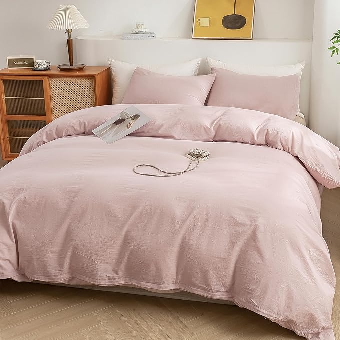 ECOCOTT Duvet Cover Queen Size - 100% Washed Cotton Durable Soft Comfy Duvet Cover Set, 3 Pieces Duvet Cover with Zipper Closure, No Comforter (Greyish Pink)