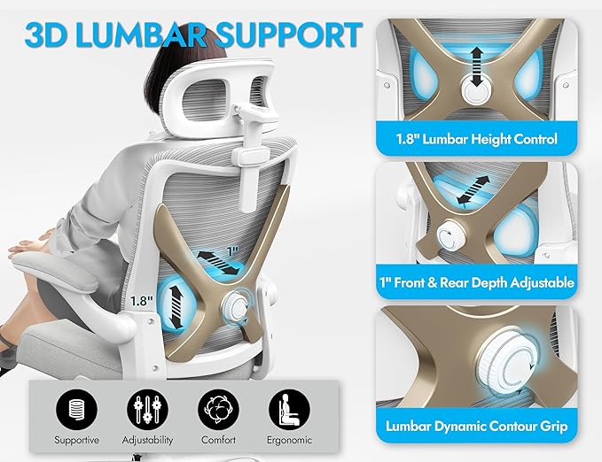 Ergonomic Office Chair-Computer Desk Chairs Comfy, Mesh High-Back Gaming Chair with Adjustable Lumbar Support & Headrest, Executive Task Chair for Adults, Comfortable for Long Hours (Gold)