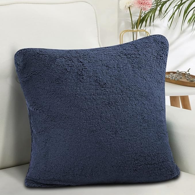 Reafort Ultra Soft Sherpa Euro Sham Pillow Case 26"x26" Replacement with Zipper Closure (Navy, 26"x26" Euro Sham)