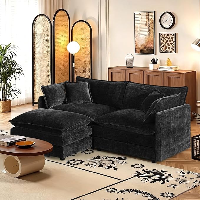 SoarFlash Chenille Sectional Sofa, Comfy L Shaped Modular Coush Sofa with Ottoman, Modern 2 Seat Couch Deep Seat Sofa Set for Living Room,Black