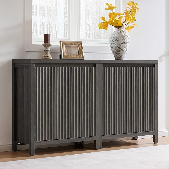 SICOTAS Sideboard Buffet Cabinet with Storage, Fluted Credenza Console Cabinet with Adjustable Shelves, Modern Coffee Bar Storage Cabinet for Kitchen, Living Room, Entryway, Black Oak, 2 PCS