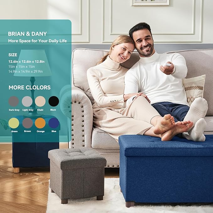 BRIAN & DANY Small Ottoman with Storage, Small Storage Ottoman, Folding Foot Stool with Wood Legs for Living Room and Bedroom Linen Rest Seat, 12.6"x12.6"x12.8" - Blue