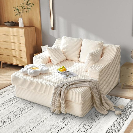 55 Inch Chaise Lounge Indoor - Oversized Chaise Lounge with 4 Throw Pillows and Armrets, Upholstered Plush Sofa Bed, Corduroy Lazy Chair Bed, Sleeper Chair for Living Room or Bedroom, Beige