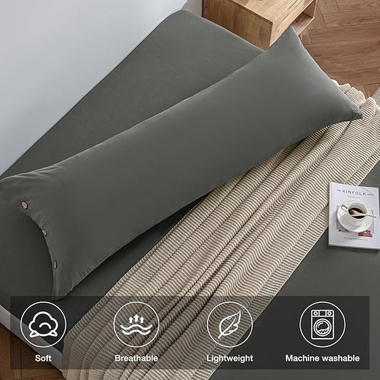 JELLYMONI Pillowcase Body Cotton 1pc Button Grey Pillow Case 20×54in 100% Washed Cotton Soft Breathable Pillow Covers(Pillows are not Included)
