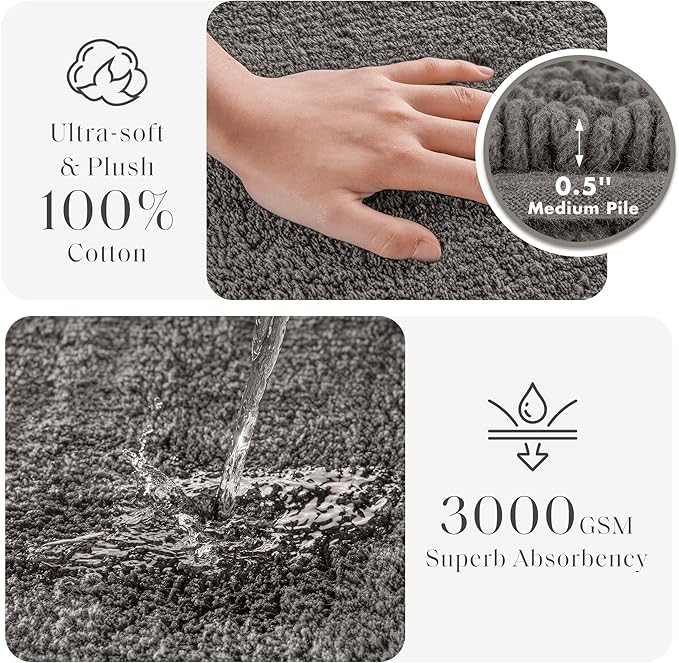 Madison Park Splendor Reversible 100% Cotton Tufted Bathroom Rug-3000 GSM Hotel Quality Luxurious Plush Medium Pile Bath Mat Absorbent, Quick Dry, Shower Room Décor, 24x44 Charcoal